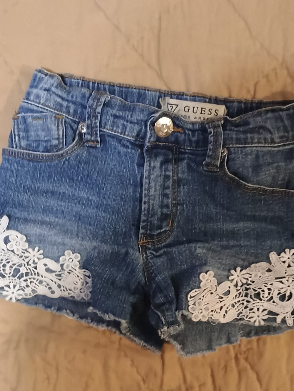 GUESS Denim Cut-Off Shorts with Crochet Lace Accents